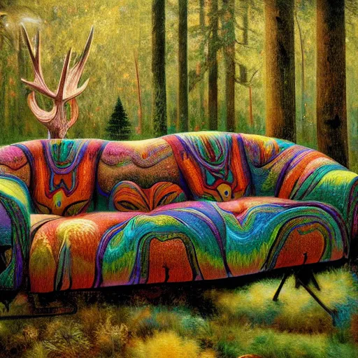 Image similar to psychedelic couch sofa in the lush pine forest, milky way, moose antlers, designed by arnold bocklin, jules bastien - lepage, tarsila do amaral, wayne barlowe and gustave baumann, cheval michael, trending on artstation, star, sharp focus, colorful refracted sparkles and lines, soft light, 8 k 4 k