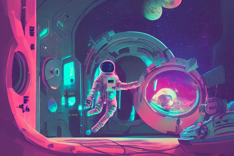 Image similar to an astronaut opening a door that leads to another planet, door is a portal to another planet, flooko style, vaporwave, synthwave, ambient lighting, cinematic lighting, retro, psychedelic, digital art, acrylic, detailed,