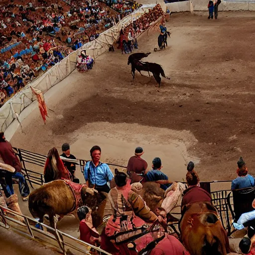 Image similar to by neil welliver, by martin deschambault navajo bleak. a photograph of a bullfight in spain. the photograph is set in an arena with spectators in the stands. several figures in the photograph, including a matador & a bull.