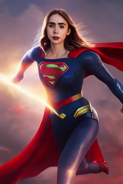 Image similar to a potrait of Lily Collins as Supergirl with man of steel suit style by Greg Rutkowski, Sung Choi, Mitchell Mohrhauser, Maciej Kuciara, Johnson Ting, Maxim Verehin, Peter Konig, 8k photorealistic, cinematic lighting, HD, high details, dramatic, trending on artstation, full body shot