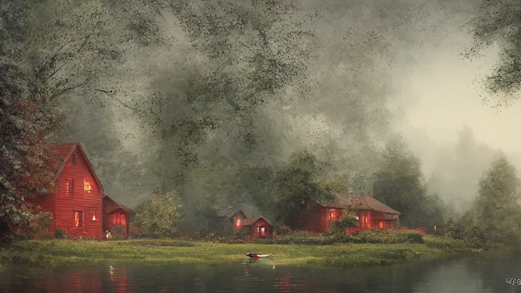 Image similar to small red wooden cottage by the lake, lanterns in the front of the cottage, smoke coming out of the chimney, dusk, birch trees, tranquility, two swans swimming in the lake, a rowing boat, by Greg Rutkowski, by Charlie Bowater