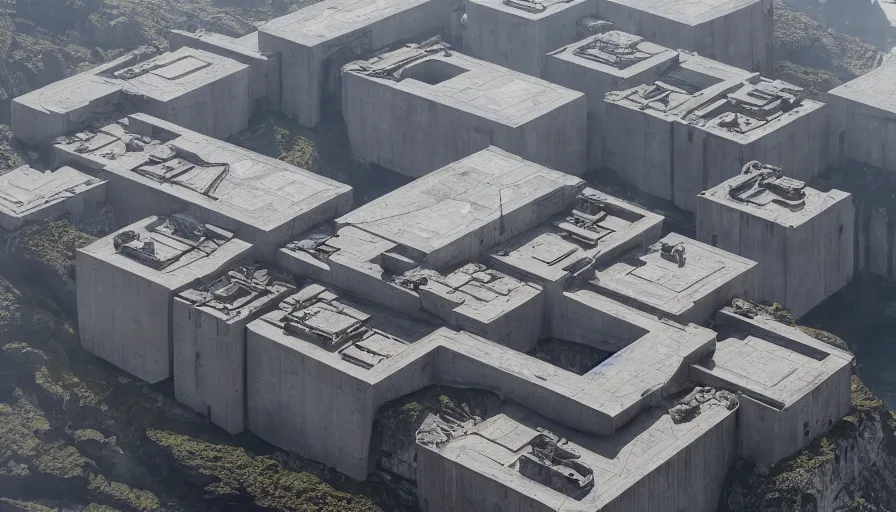 Image similar to big brutalist imperial military base on cliffs, drawing architecture, very long shot, top angle, imperial architecture in rogue one, pritzker architecture prize, brutalism, jan urschel