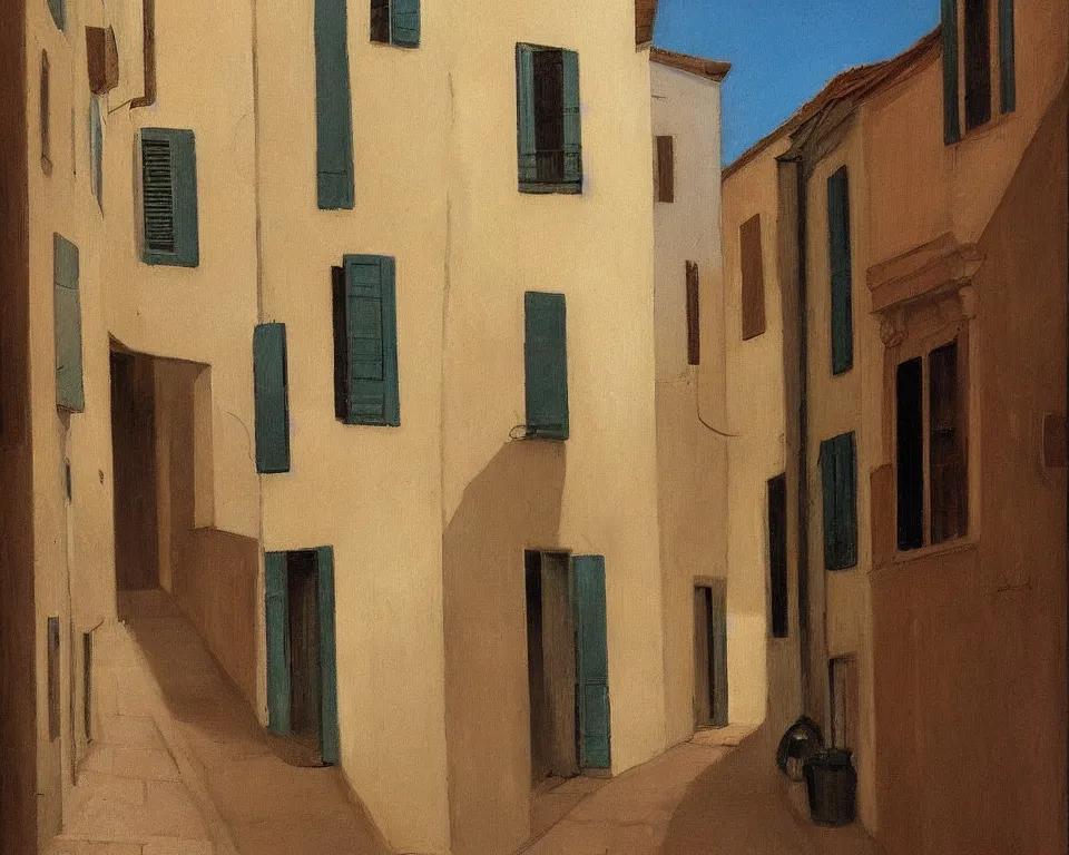 Image similar to a quaint, narrow italian street by hopper