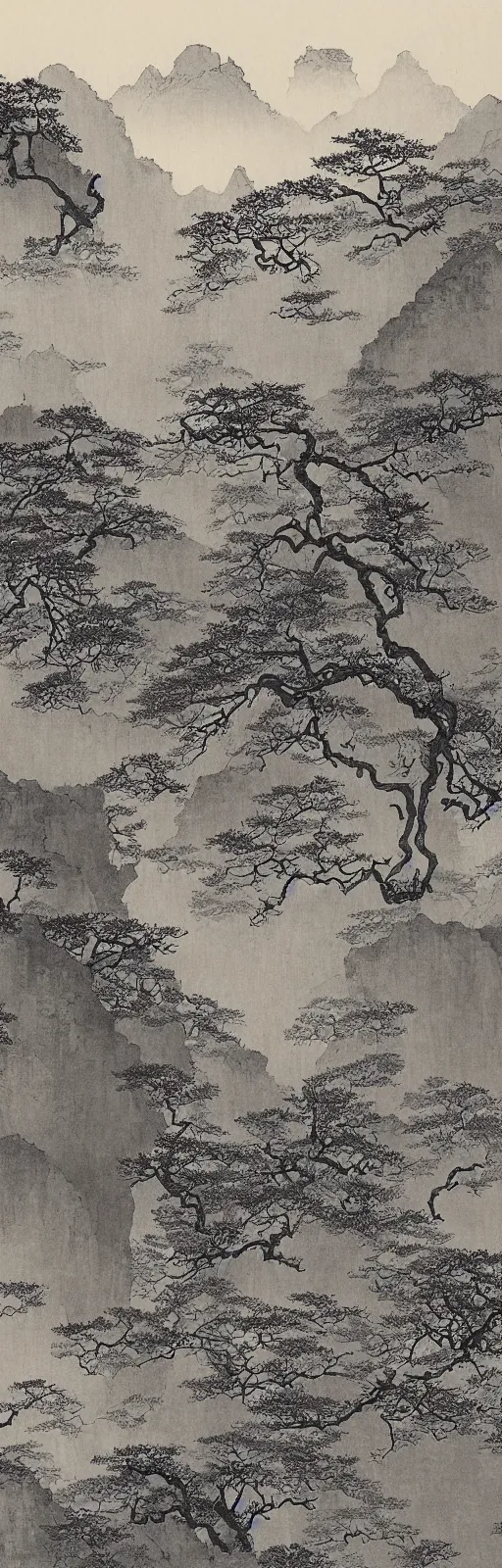 Image similar to Masterful sumi-e ink on Xuan paper by Hayao Miyazaki and Ohara Koson, interpretation of A beautiful landscape photography of Zhangjiajie mountains, an intricate tree in the foreground, sunset, dramatic lighting by Anselm Adams and Albrecht Durer, chiaroscuro, shadow and light,