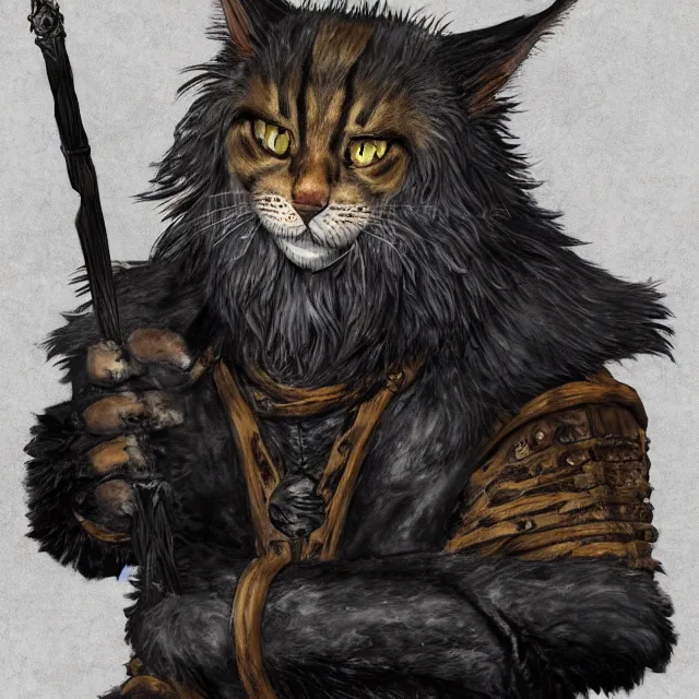 Image similar to khajit tabaxi catfolk humanoid adventurer with maine coon features and black fur holding two shortswords cloaked in shadow and wearing leather armor, dungeons and dragons, pure white background, fantasy, tarot card style, half body portrait, high detail, hyper realistic