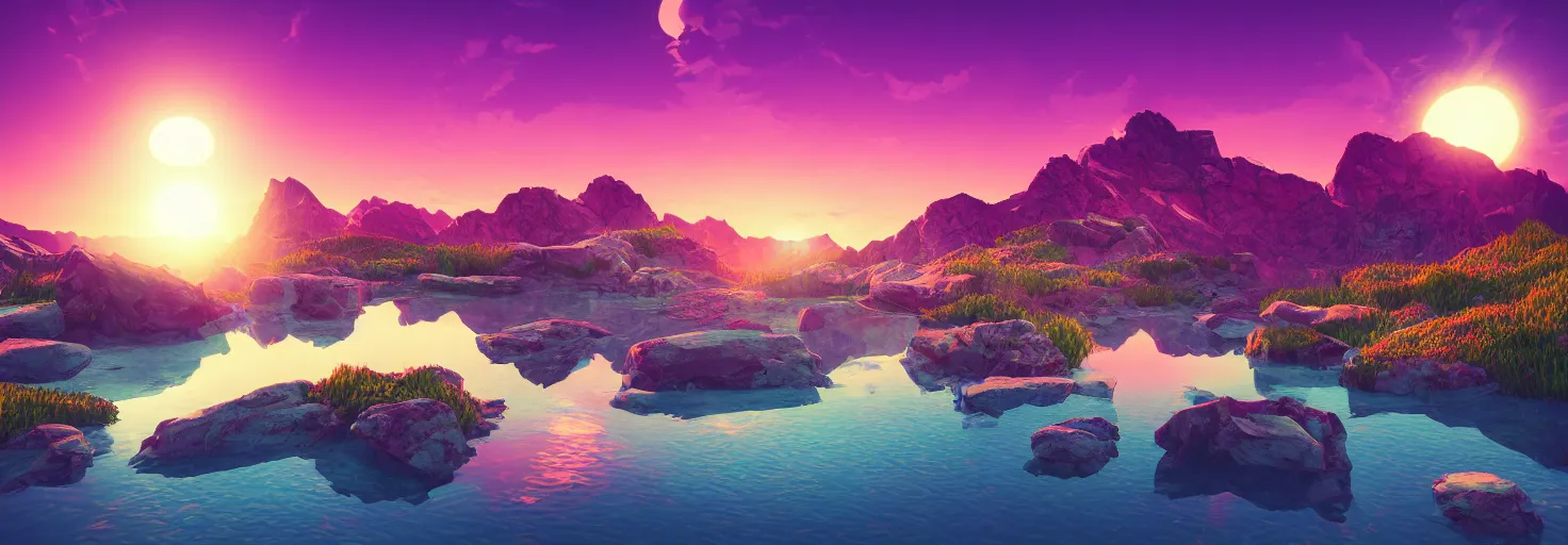 Image similar to super detailed color art, a sinthwave northern sunset with rocks on front, lake in the middle of perspective and mountains at background, unreal engine, retrowave color palette, 3d render, lowpoly, colorful, digital art