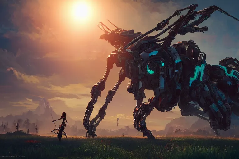 Image similar to longleg machine mecanical creature robot of horizon forbidden west horizon zero dawn radiating a glowing aura global illumination ray tracing hdr fanart arstation by ian pesty and alena aenami artworks in 4 k