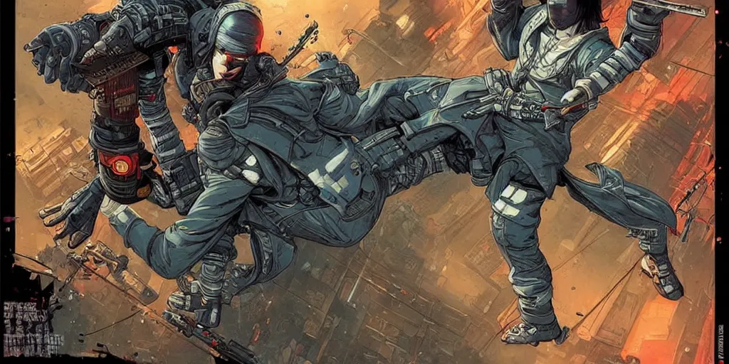 Prompt: Cyberpunk ninja roundhouse kick. Epic painting by James Gurney and Laurie Greasley.