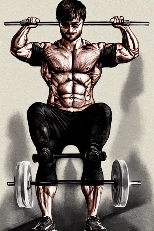 Image similar to highly detailed rendering of Daniel Radcliffe as Harry Potter doing barbell back squats, dingy workout gym, wearing a muscle tee shirt, muscular deep squats, symmetrical, highly detailed, digital painting, artstation, concept art, smooth, sharp focus, illustration, cinematic lighting, art by artgerm and greg rutkowski and alphonse mucha