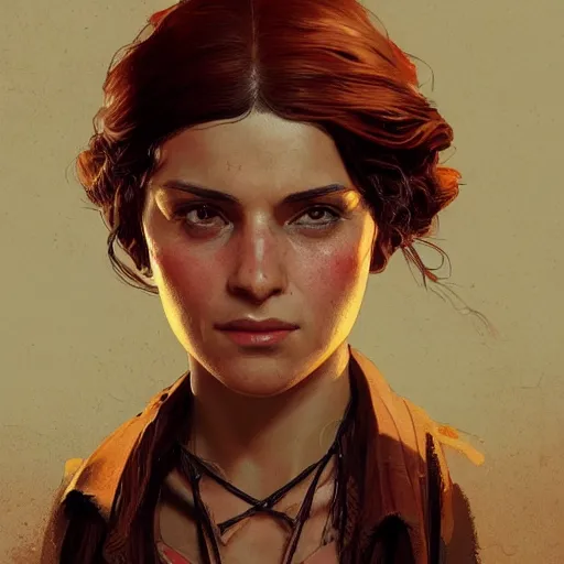 Image similar to A young spanish woman as a Red dead redemption 2 loading screen, very detailed face, gorgeous, beautiful, intricate, highly detailed, digital painting, artstation, concept art, sharp focus, illustration, art by greg rutkowski and alphonse mucha