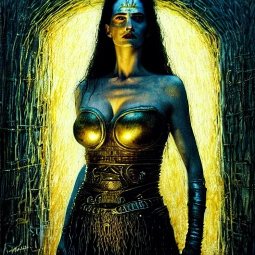 Image similar to eva green as warrior queen, atmospheric lighting, painted, intricate, golden and blue hour, ultra detailed by peter gric, giger, enki bilal