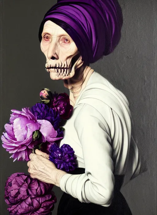 Image similar to portrait of a old year woman with a headscarf a dress of bones and many peonies snake smoke, purple colour scheme, full length, masterpiece, dark background, art by caravaggio, artstation