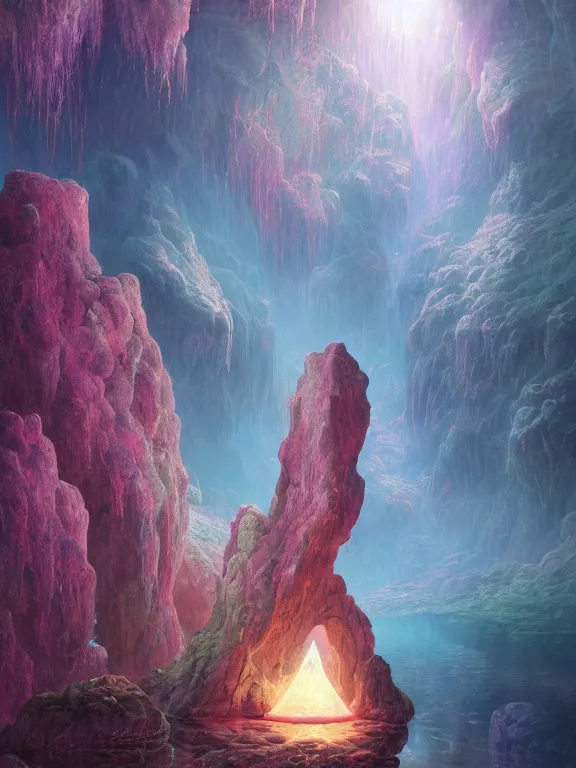 Image similar to a ultradetailed beautiful concept art of the crystal formation of the prismatic heart being absorbing the wonderful colors of the emotion around it in a forgotten cave lighten by the moon light and reflecting on the surface of a quiete lake, concept art, high resolution 4 k, by tom bagshaw, greg rutkowski, charli bowater and artgeem