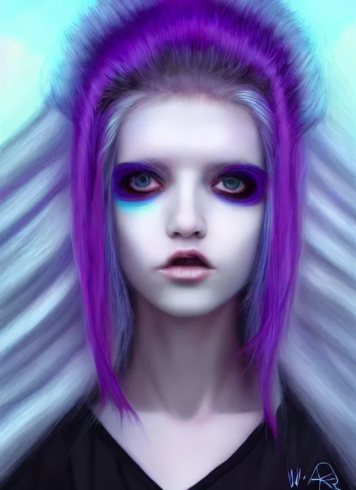 Image similar to hair whitebangs hair, white cyberlox, portrait of normal teenage girl, normal face, black bangs, messy bangs, fluffy bangs, cyberlox, whitebangs, red contact lenses, purple background, intricate, elegant, highly detailed, digital painting, artstation, concept art, sharp focus, smooth, illustration, art by wlop, mars ravelo and greg rutkowski
