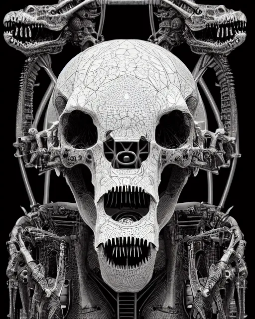 Image similar to intricate mechanical robot trex dinosaur skull, transformer, symmetrical illustration, bold line symmetrical illustration by peter gric, hr giger, kim jung gi, joe fenton, scifi, screen print, trending on art station, sharp, high contrast, ultrafine hyper detailed,