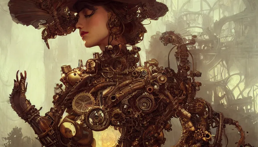 Prompt: ultra wide picture, steampunk, masterpiece, pinup, mcfarlane, fibonacci, sweat drops, insane, horror, intricate, highly detailed, digital painting, artstation, concept art, smooth, sharp focus, illustration, unreal engine 5, 8 k, art by artgerm and greg rutkowski and alphonse mucha