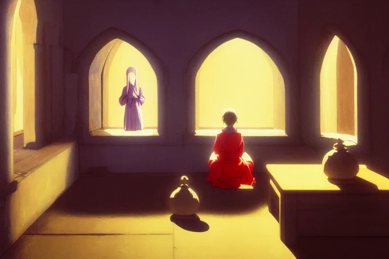 Image similar to anime key visual of young girl in small monastery in the year 1 2 5 0, praying to statue of god, style of jamie wyeth james gilleard edward hopper greg rutkowski acrylic painting, oil on canvas, preserved museum piece, historical