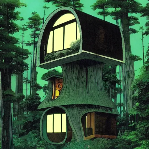 Image similar to A solar lush House in the woods, by Dave McKean and Studio Ghibli