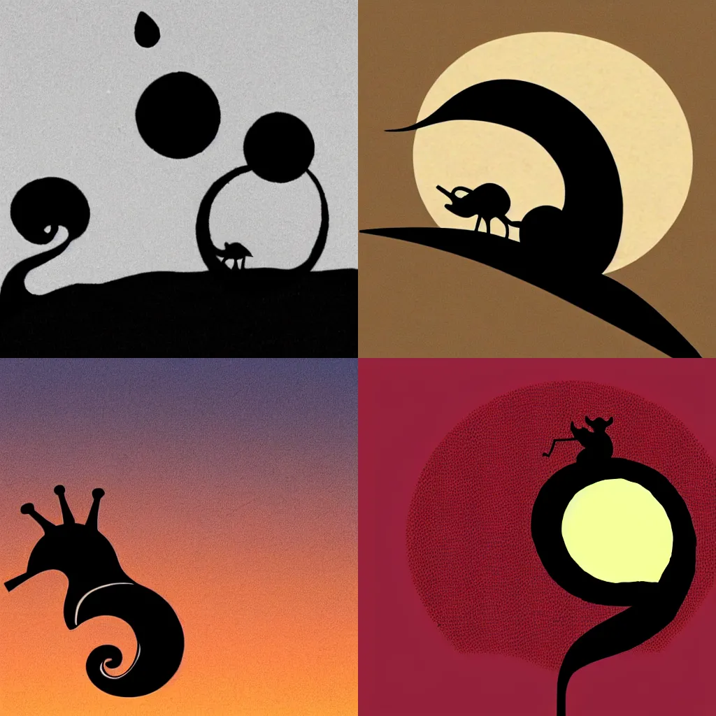 Prompt: silhouette of a snail standing on a hill howling at the moon