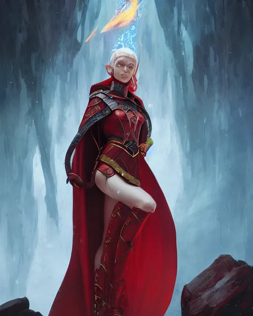 Image similar to character portrait of a female elf mage in a scale mail and a red cape casting a fire spell in a shape of a dragon, by greg rutkowski and mark brookes and jim burns and tom bagshaw and magali villeneuve, trending on artstation