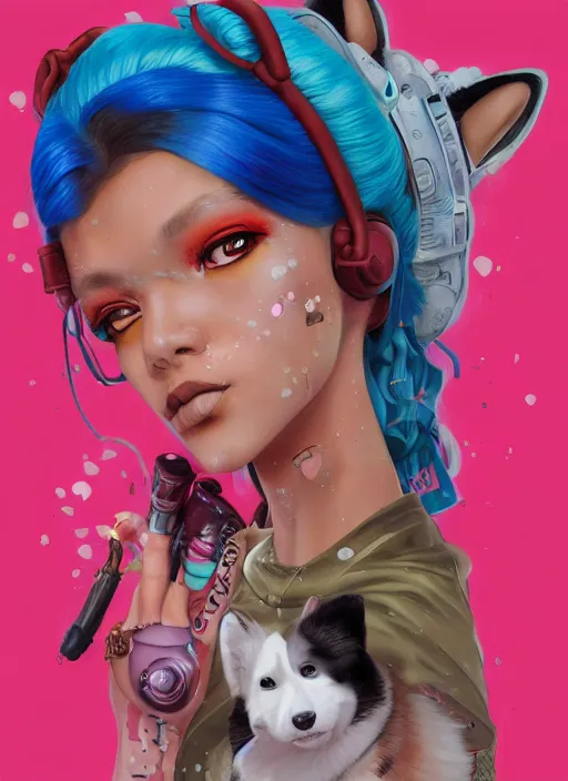 Prompt: beautiful portrait painting of a hiphop lofi cyberpunk princess girl and her corgi chilling to Lofi hiphop, by Afarin Sajedi, Alessandro Barbucci, Alex Gross, WLOP, Shohei Otomo, Josan Gonzalez, Kieron Gillen. trending on Artstation, 8k, masterpiece, face enhance, graffiti paint, fine detail, full of color, intricate detail, golden ratio illustration