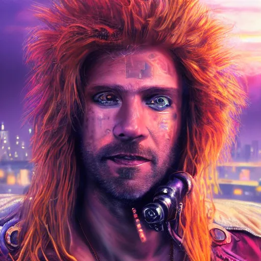 Image similar to cyberpunk, closeup portrait of a shaggy cyberpunk entertainer, blond hair, holograms, dramatic light, city background, sunset, dystopian setting, high contrast, sharp, neuromancer, henry dorsett case, painted by stanley lau, painted by greg rutkowski, painted by stanley artgerm, digital art, trending on artstation