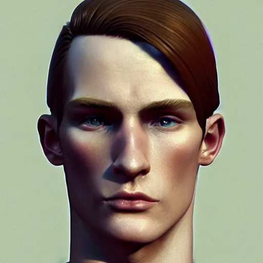 Prompt: A videogame portrait of a young Irish man with high cheekbones. Good bone structure. Dressed in 1940s style. (Hazel hair). Highly detailed, fine Art, high detail, great lighting, 8k resolution, masterpiece, concept art, illustration, clear eyes, painting oil on canvas, octane render, HDR, trending on artstation, 4k, 8k, HD