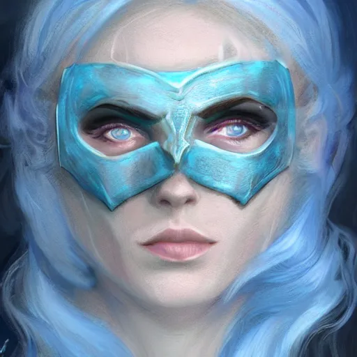 Image similar to bandit from ‘ icewind dale ’, with a frost blue gem mask lined with copper, ‘ icewind dale 2 ’ profile portrait by ‘ justin sweet ’, falling snow, soft focus, illustration, oil paint, artstation