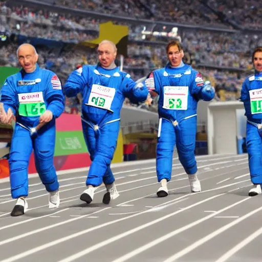 Image similar to 5 space astronauts in spacesuits running in a relay race in a stadium, each astronaut in different colors, olympic relay race. athens games