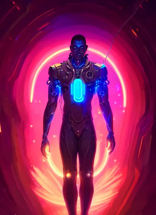 Prompt: a male cyborg faceless glowing liquefied stardust adventurer, dnd fantasy character, full body portrait, glowing neon skin, magical aura, ultra realistic, intricate, elegant, highly detailed, digital painting, artstation, smooth, sharp, focus, illustration, art by artgerm and greg rutkowski and alphonse mucha