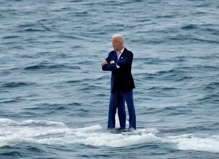 Prompt: confused Joe Biden scratching his neck standing in the middle of the ocean