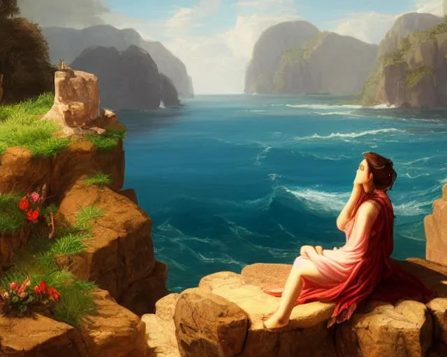 Image similar to a painting of a woman sitting on a rock overlooking an island, a digital painting by thomas cole, cgsociety, metaphysical painting, 2 d game art, storybook illustration, detailed painting