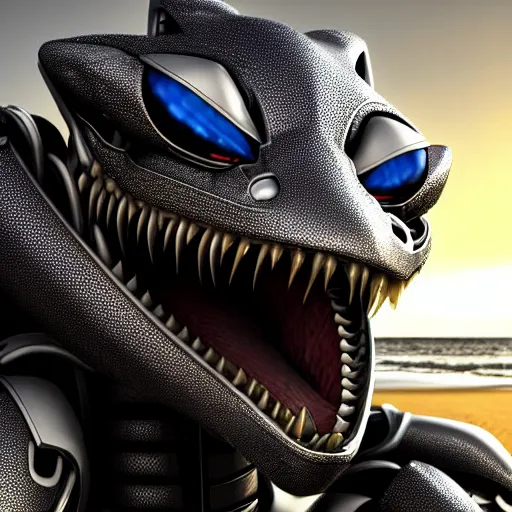 Image similar to close up detailed maw shot, headshot, of a cute stunning robot anthropomorphic female dragon, with sleek silver armor, a black OLED visor over the eyes, her detailed dragon maw open in front of the camera, camera looking down into the maw, about to consume the camera, on the beach at sunset, highly detailed digital art, furry art, anthro art, sci fi, warframe art, destiny art, high quality, 3D realistic, mawshot, Furaffinity, Deviantart