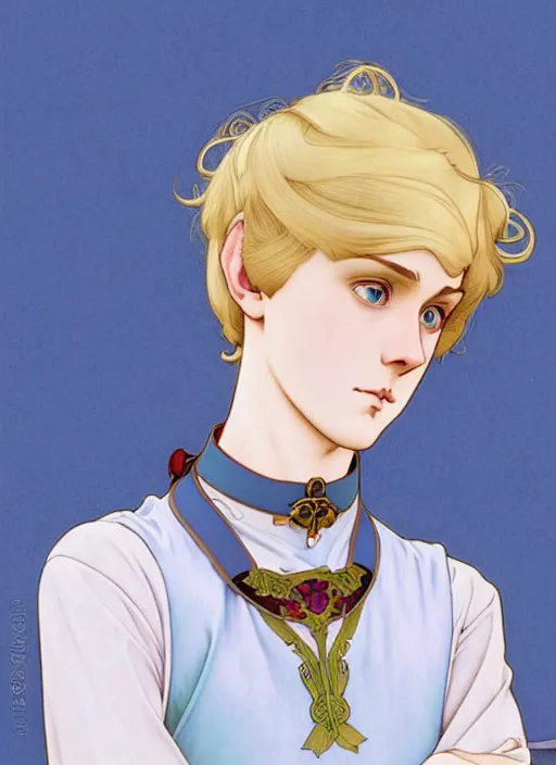 Image similar to art nouveau portrait of a pretty young man with short blond hair, light blue eyes, sad expression, scared, head down, shy and demure, wearing a choker collar, natural lighting, path traced, highly detailed, high quality, cartoon, digital painting, by don bluth and ross tran and studio ghibli and alphonse mucha