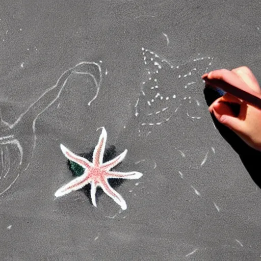 Prompt: Chalk drawing of a starfish holding seaweed. Child's drawing chalk on brick wall.