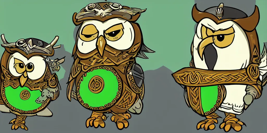 Prompt: A cartoon anthropomorphic owl wearing a viking helmet and a green shirt with a shield on the side.