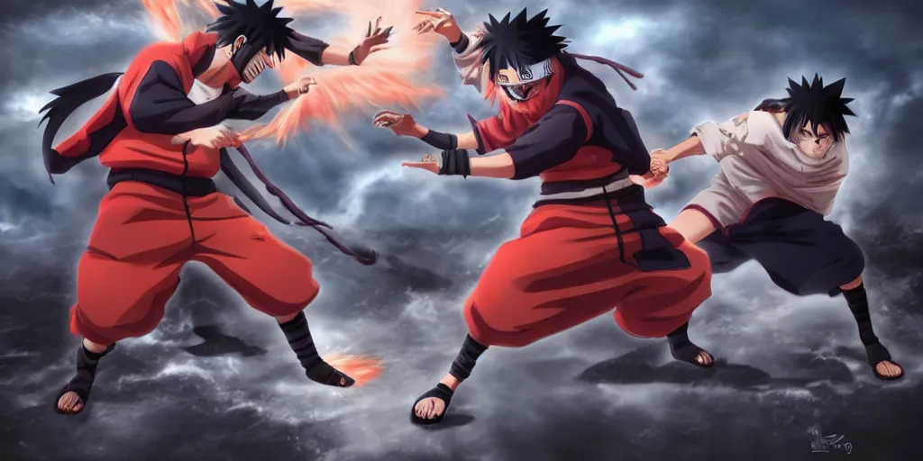 Image similar to naruto fighting madara, fantasy style, realistic, 4 k,