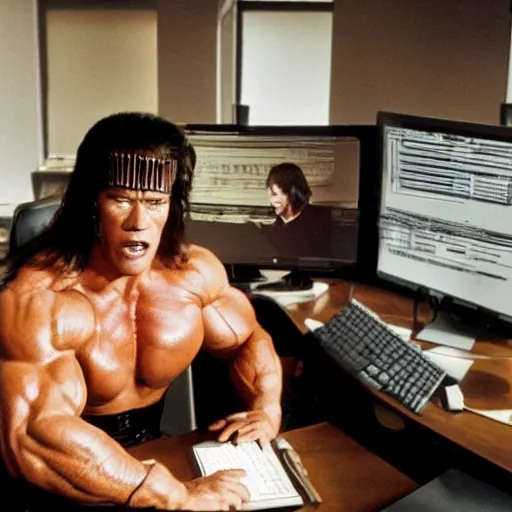 Prompt: actor arnold schwarzenegger as conan the barbarian sitting at a desk, conan the barbarian as an office worker, in an office, inside an office building, sitting at a desk, angrily shouting at a laptop, angry at laptop, laptop computer, computer trouble, technical difficulties, software error, crisp lighting, corporate photography