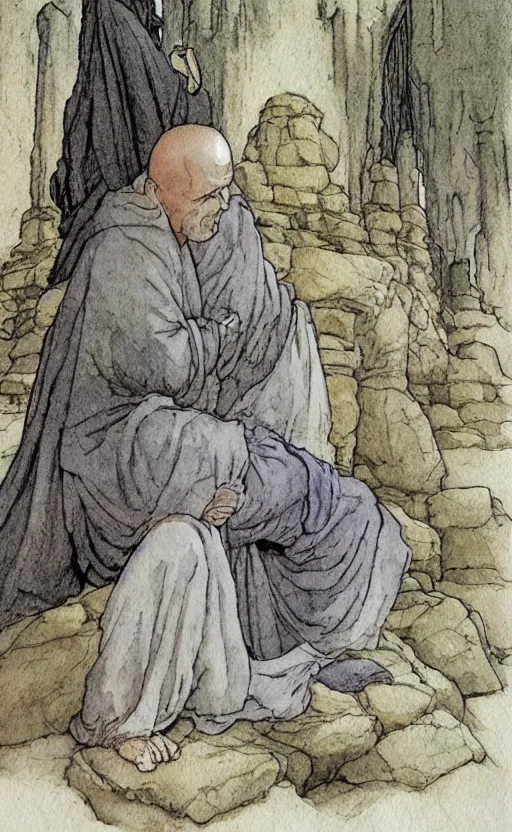 Image similar to a realistic and atmospheric watercolor fantasy concept art of giant monk in grey robes sitting in stonehenge. in the foreground a small female medieval monk in grey robes is kneeling with her hands by her sides. by rebecca guay, michael kaluta, charles vess