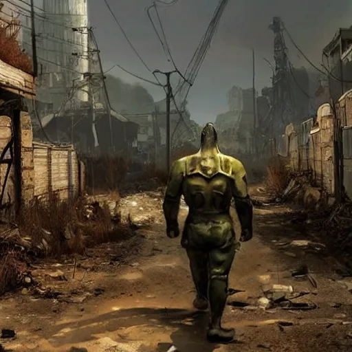 Image similar to fallout concept art green supermutant render grim realistic lighting unreal engine 5