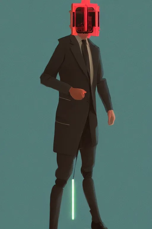 Prompt: full body salaryman, blade runner 2 0 4 9, scorched earth, cassette futurism, modular synthesizer helmet, the grand budapest hotel, glow, digital art, artstation, pop art, by hsiao - ron cheng