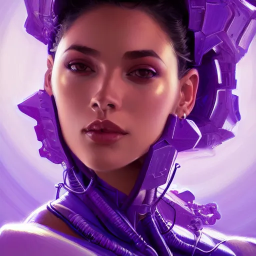 Image similar to Portrait of very very very very very very beautiful Latina woman, spacesuit, purple eyes, intricate, elegant, highly detailed, digital painting, artstation, concept art, smooth, sharp focus, illustration, art by artgerm and greg rutkowski and alphonse mucha