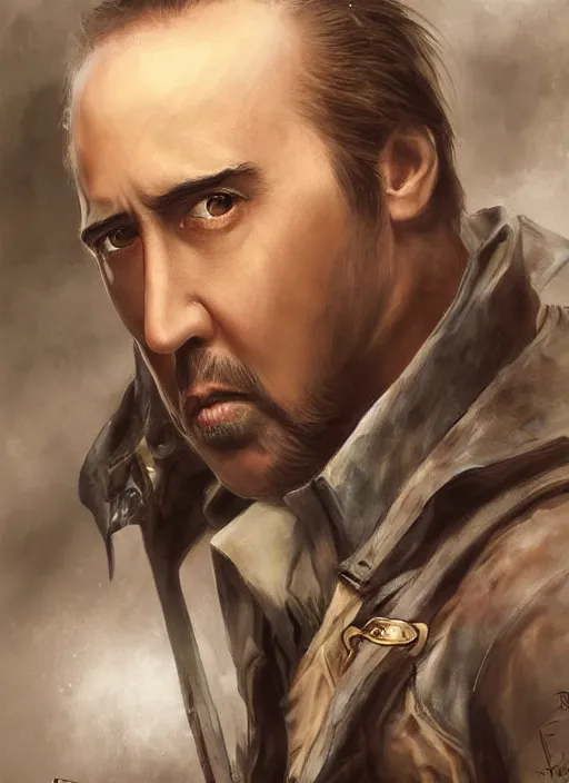 Image similar to highly realistic nicholas cage as a ranger painted by raymond swanland