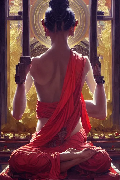 Image similar to temple, buddhism, painting by greg rutkowski, j. c. leyendecker, artgerm