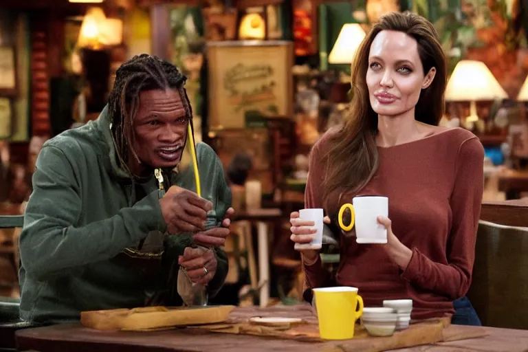 Image similar to Angelina Jolie and The Predator alien, best friends, drinking coffee at central perk, still photo, hyperrealistic, 35mm, 8k, by weta digital