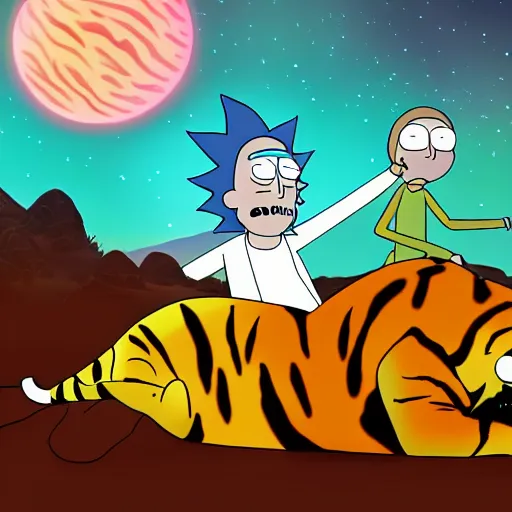 Prompt: Rick and Morty cartoon sleeping on a tiger. cinematic, dramatic lighting, trending on deviantart