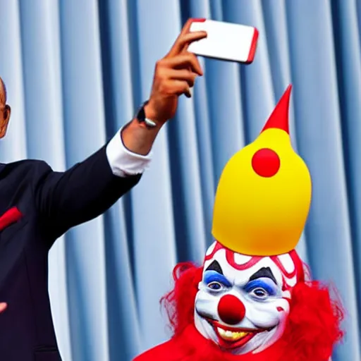 Prompt: president with clown head taking a selfie in a podium next to first minister