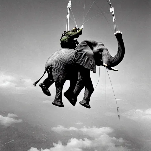 Image similar to photo of elephant paratroopers parachuting behind enemy lines