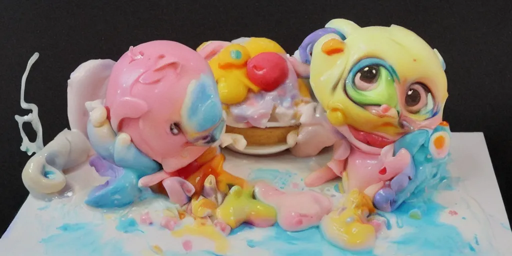 Image similar to ice cream made in the shape of 3 d littlest pet shop animal, realistic, melting, soft painting, desserts with chocolate syrup, toppings, ice cream, master painter and art style of noel coypel, art of emile eisman - semenowsky, art of edouard bisson