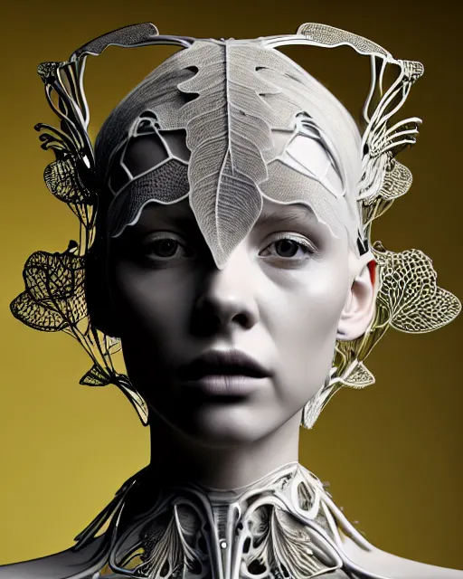 Prompt: bw 3 d render, stunning beautiful young angelic cute biomechanical albino female cyborg with a porcelain profile face, rim light, big leaves and stems, roots, fine foliage lace, alexander mcqueen, art nouveau fashion embroidered collar, steampunk, silver filigree details, hexagonal mesh wire, mandelbrot fractal, elegant, artstation trending